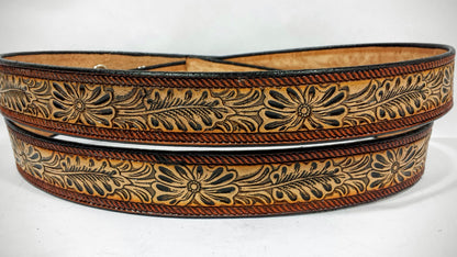 Embossed Leather Belt 1 1/2" Floral Rope