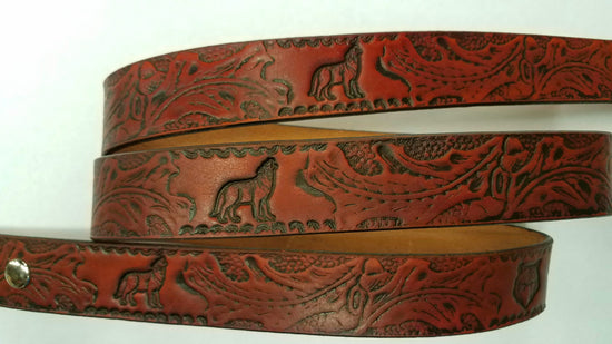 Embossed Leather Belt 1 1/2" Wildlife Floral Wolf