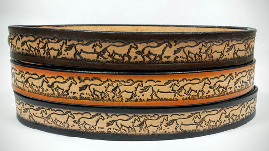 Embossed Leather Belt 1 1/2" Horses 2 Tone Color