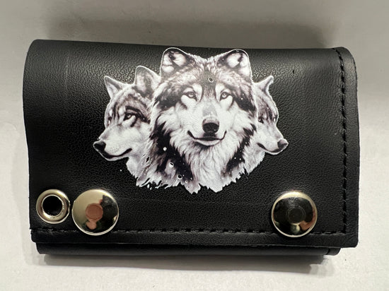 Leather Chain Wallet - 3 Wolves Head