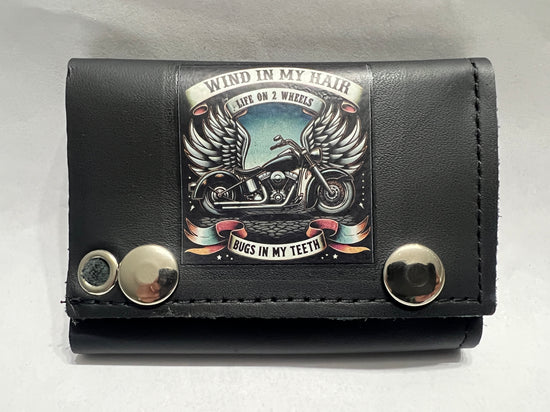 Leather Chain Wallet - Wind In My Hair Life On 2 Wheels Bugs In My Teeth