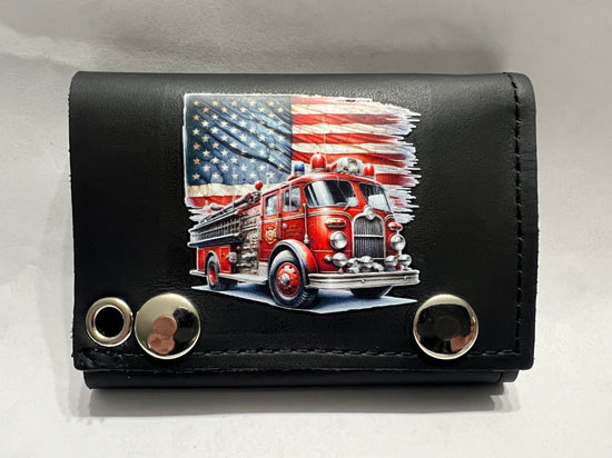 Leather Chain Wallet - FireFighter Fire Truck Flag