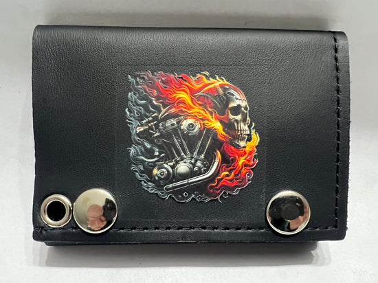 Leather Chain Wallet - Motorcycle Skull Flame