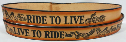 Embossed Leather Belt 1 1/2" Live To Ride Ride To Live - 2 Tone Color