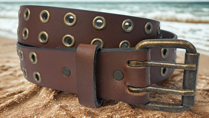 Leather Belt Double Hole With Antique Brass Buckle and Grommets 1 1/2" Wide
