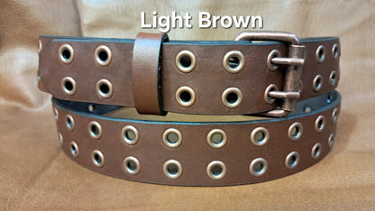 Leather Belt Double Hole With Antique Copper Buckle and Grommets 1 1/2" Wide