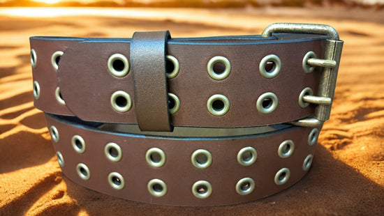 Leather Belt Double Hole With Antique Brass Buckle and Grommets 1 3/4" Wide