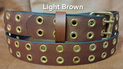 Leather Belt Double Hole With Brass Plate Buckle and Grommets 1 1/2" Wide