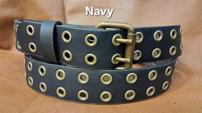Leather Belt Double Hole With Antique Brass Buckle and Grommets 1 1/2" Wide