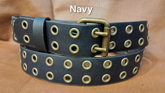 Leather Belt Double Hole With Antique Brass Buckle and Grommets 1 1/2" Wide