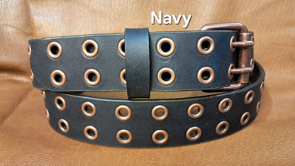 Leather Belt Double Hole With Antique Copper Buckle and Grommets 1 1/2" Wide