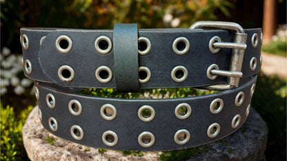 Leather Belt Double Hole With Antique Nickel Buckle and Grommets 1 1/2" Wide