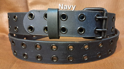 Leather Belt Double Hole With Black Plate Buckle and Grommets 1 1/2" Wide