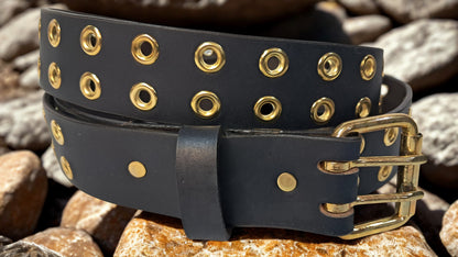 Leather Belt Double Hole With Brass Plate Buckle and Grommets 1 1/2" Wide