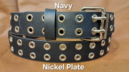 Leather Belt Double Hole With Nickel Plate Buckle and Grommets 1 1/2" Wide