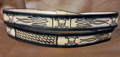 Embossed Leather Belt 1 1/2" Skull Flames 2 TC