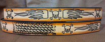 Embossed Leather Belt 1 1/2" Skull Flames 2 TC
