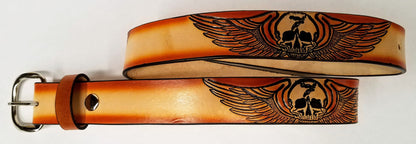 Embossed Leather Belt 1 1/2" Skull Wings