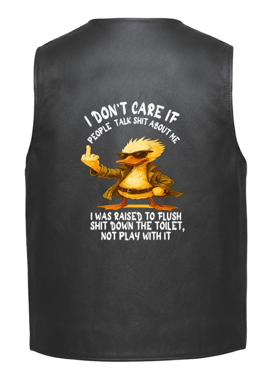 A black sleeveless vest shown from the back, featuring a graphic of a yellow cartoon duck wearing sunglasses with the text &