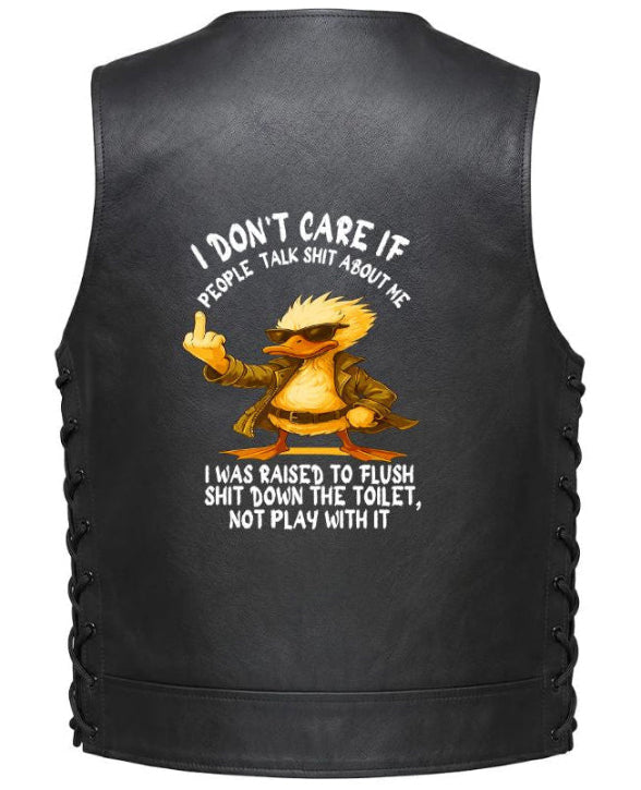 Black leather vest shown from the back, featuring a humorous graphic of a yellow duck giving a thumbs up with the text &