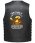 Black leather vest shown from the back, featuring a humorous graphic of a yellow duck giving a thumbs up with the text &