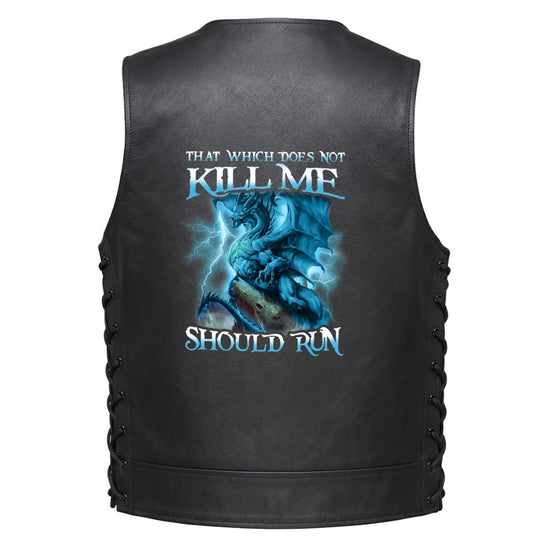 Black leather motorcycle vest shown from the back, featuring a large graphic print of a blue dragon with lightning and the text &
