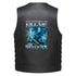 Black leather motorcycle vest shown from the back, featuring a large graphic print of a blue dragon with lightning and the text &