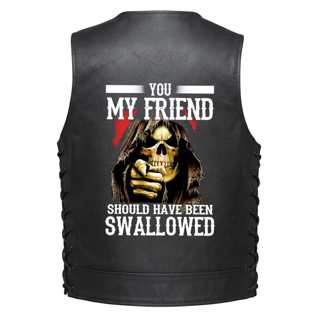 Black leather vest with lace-up or Plain sides, featuring a large graphic print on the back with a skull in a hood, a pointing hand, and the text &