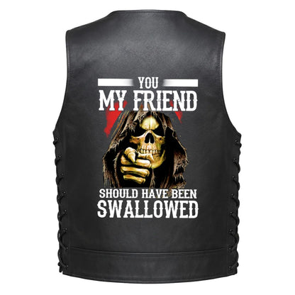 Black leather vest with lace-up or Plain sides, featuring a large graphic print on the back with a skull in a hood, a pointing hand, and the text &