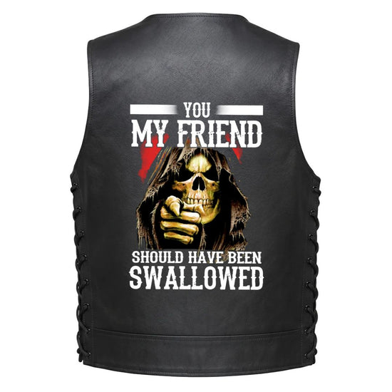 Black leather vest with lace-up or Plain sides, featuring a large graphic print on the back with a skull in a hood, a pointing hand, and the text &