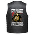 Black leather vest with lace-up or Plain sides, featuring a large graphic print on the back with a skull in a hood, a pointing hand, and the text &