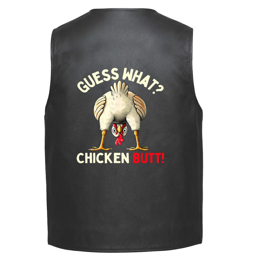 A black leather vest shown from the back, featuring a graphic of a chicken with its butt facing forward and the text &