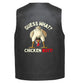 A black leather vest shown from the back, featuring a graphic of a chicken with its butt facing forward and the text &