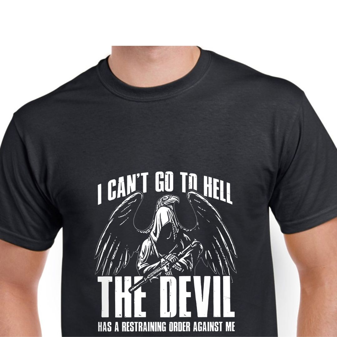 Winged hooded figure holding a gun, with the text &