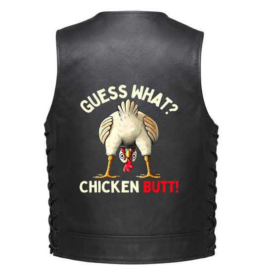 Black leather vest shown from the back, featuring a humorous graphic of a chicken standing upside down with the text &