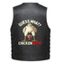 Black leather vest shown from the back, featuring a humorous graphic of a chicken standing upside down with the text &