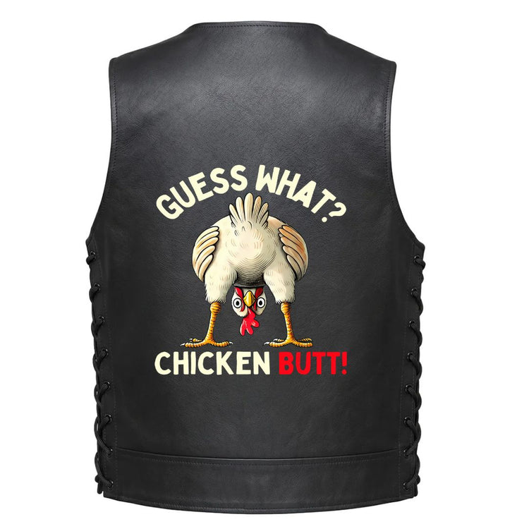 Black leather vest shown from the back, featuring a humorous graphic of a chicken standing upside down with the text &