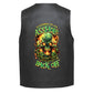Leather Vest - A green skull with glowing orange eyes surrounded by flames, with bold green and yellow text that reads &