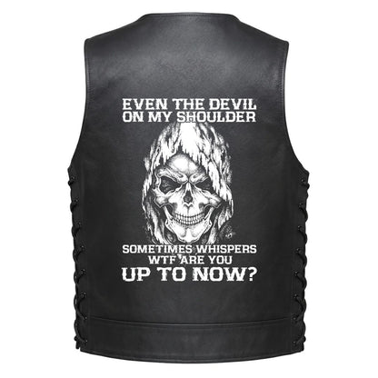 Leather Vest - A skull in a Hoodie and bold white text that reads, &