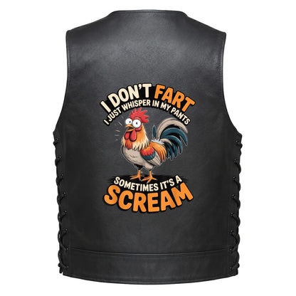 Leather Vest - A humorous graphic of a rooster with the text &