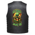 A green skull with glowing orange eyes surrounded by flames, with bold green and yellow text that reads &