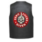 Leather Vest - A large circular red graphic with a skull and hand gesture in the center and the text &