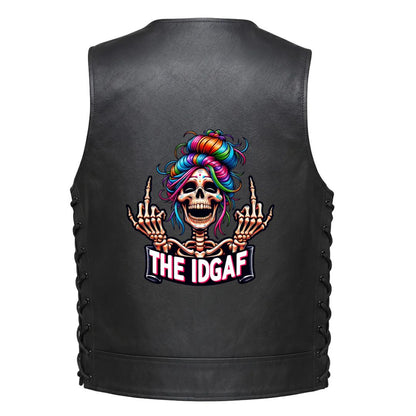 Leather Vest - A skeleton with rainbow colored hair and raised middle fingers above the text &