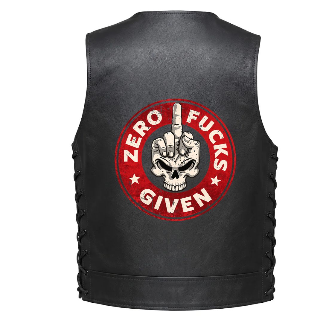 A large circular red graphic with a skull and hand gesture in the center, and the text &