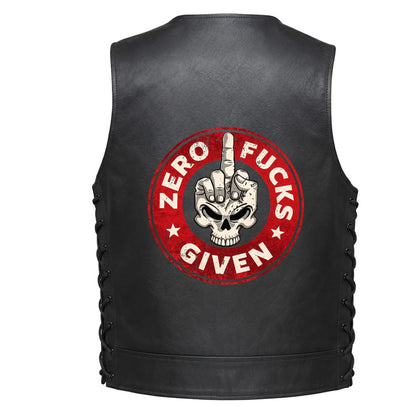 A large circular red graphic with a skull and hand gesture in the center, and the text &