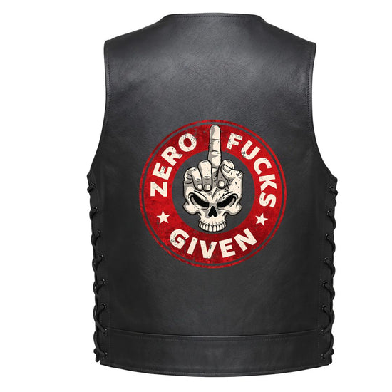 A large circular red graphic with a skull and hand gesture in the center, and the text &
