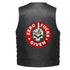 A large circular red graphic with a skull and hand gesture in the center, and the text &