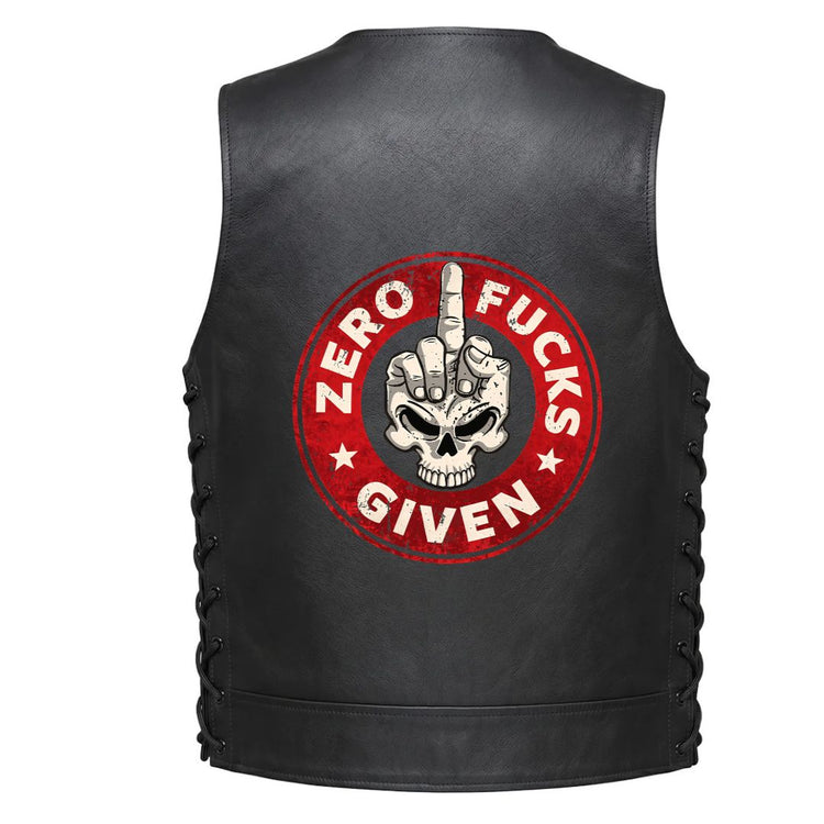 A large circular red graphic with a skull and hand gesture in the center, and the text &