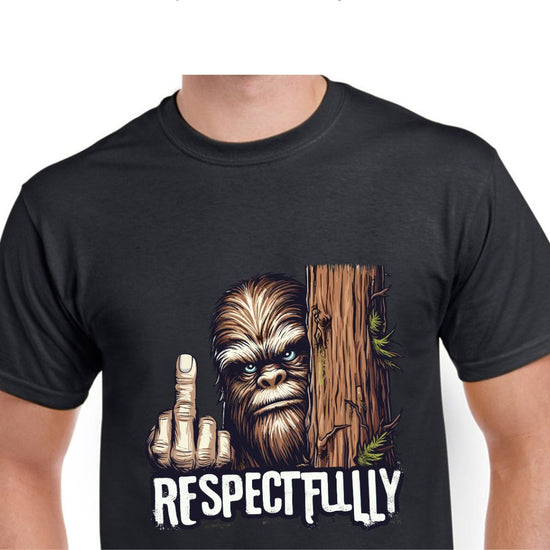 Big Foot giving the middle finger next to a tree trunk  &