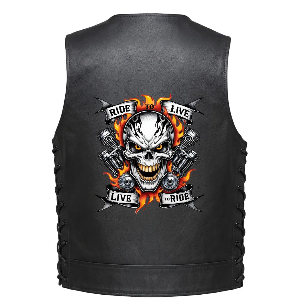 A skull with flaming guns pistons and banners reading &